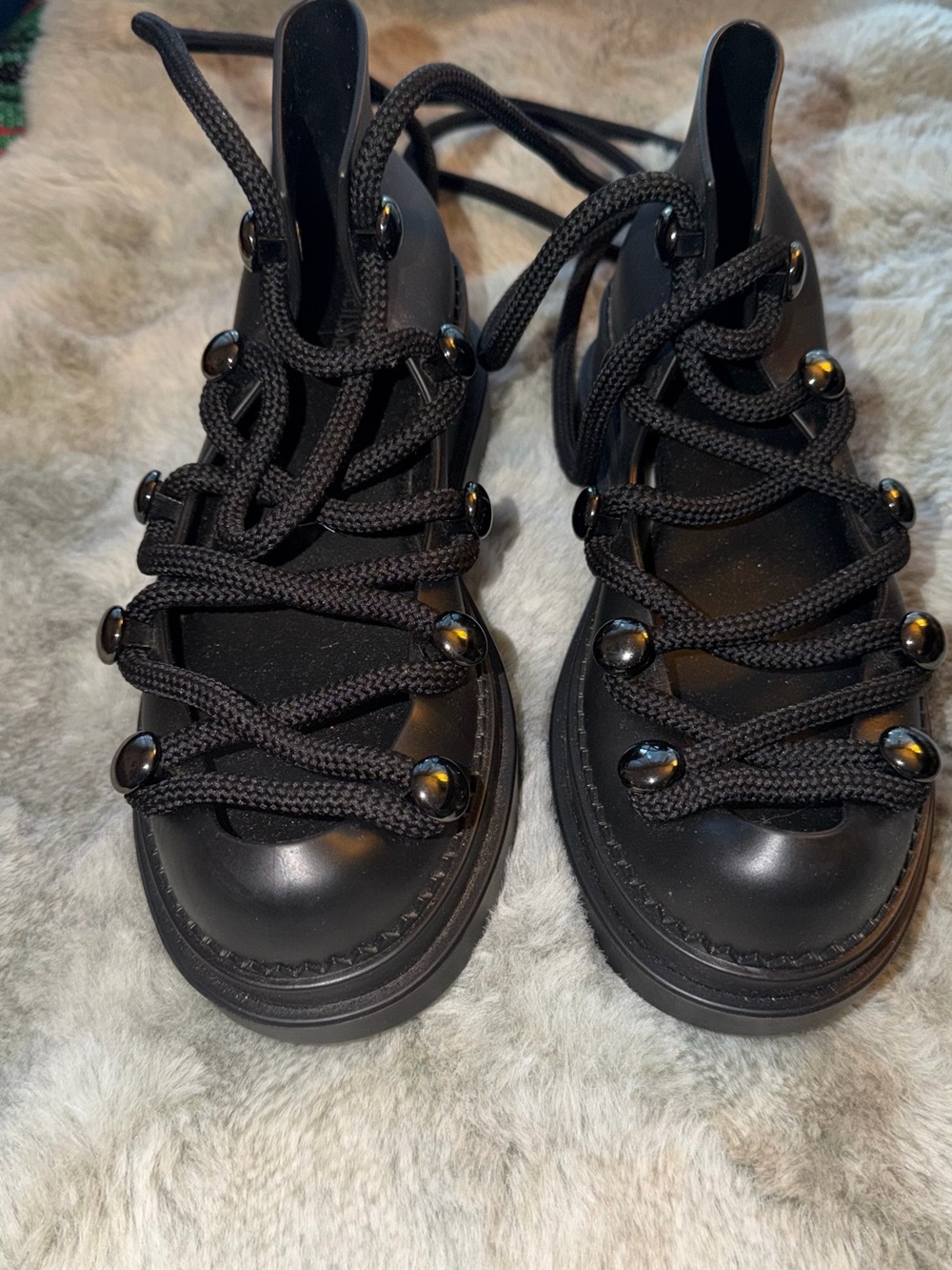 New Melissa Black Kick Off Lace Platform Boots Fat Lace-Up Women's Shoes Size 6